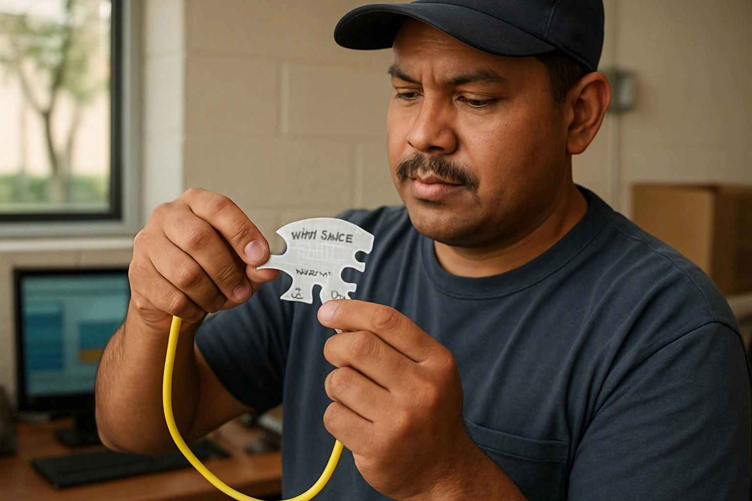 A man in a cap examines a yellow cable and a small printed connector piece indoors