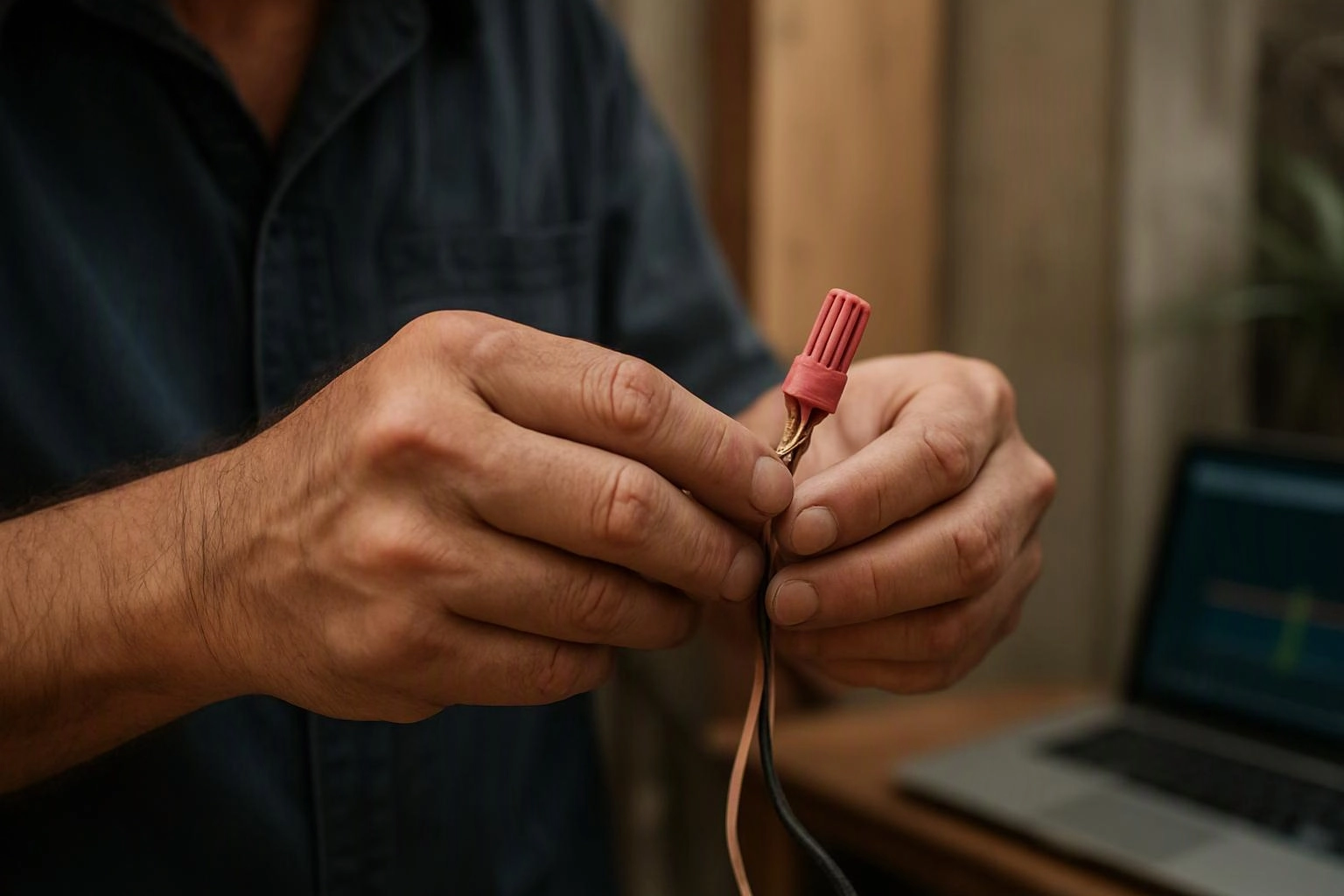 A person twists a red wire cap onto exposed electrical wires beside a laptop on a desk
