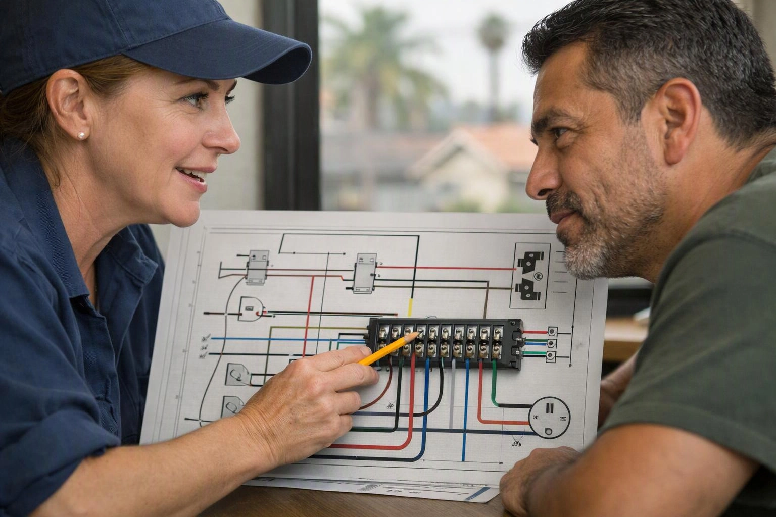 A woman in a cap points a pencil at a wiring diagram while speaking with a man indoors