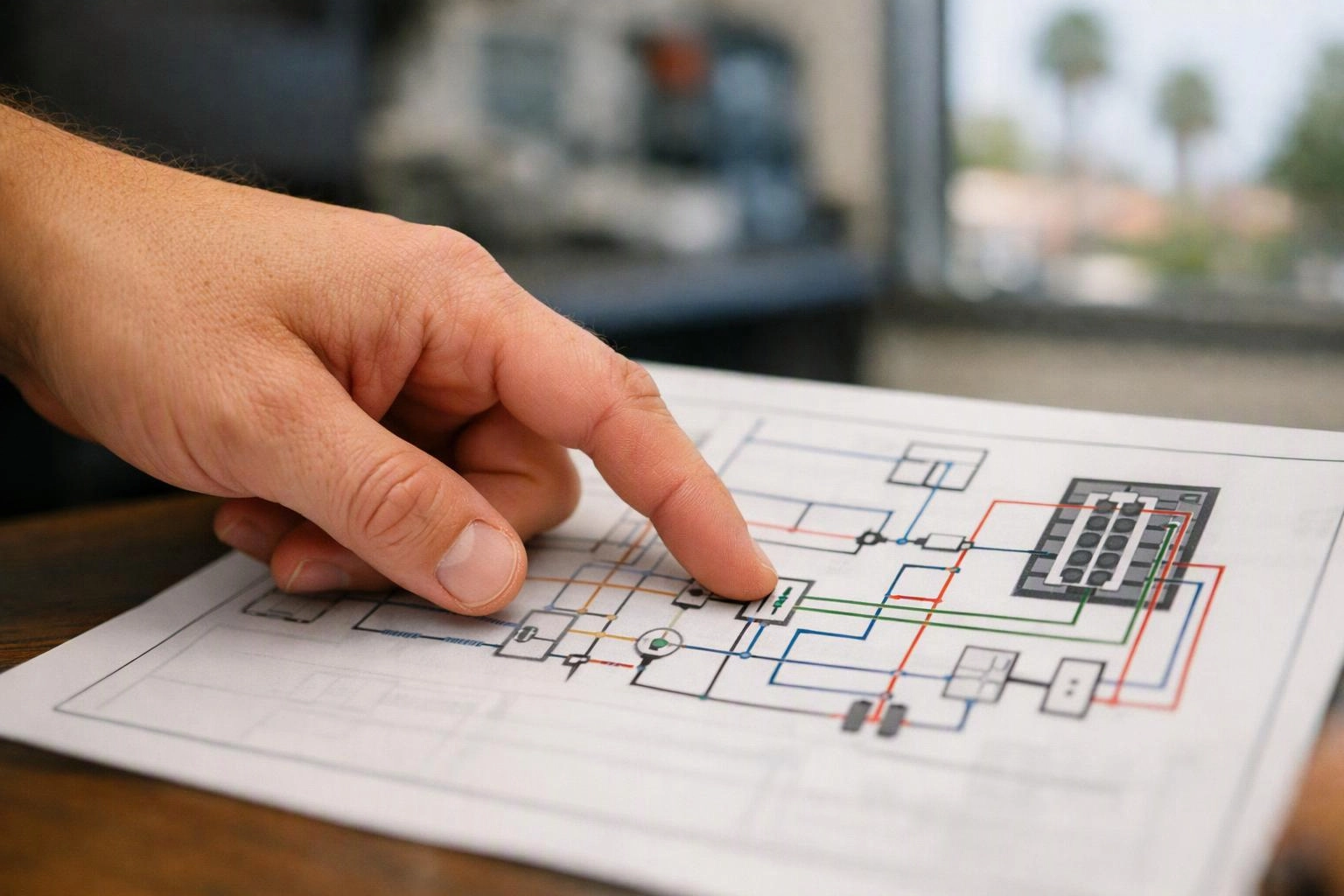 A hand points to a color-coded electrical diagram on a sheet of paper on a desk