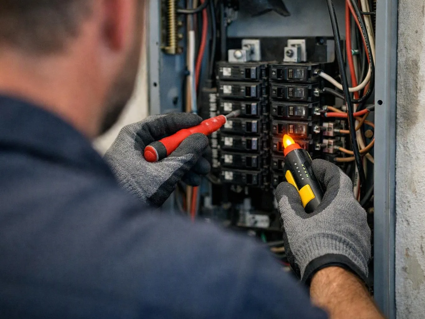 A gloved electrician tests wires inside an open electrical breaker panel with two handheld tools