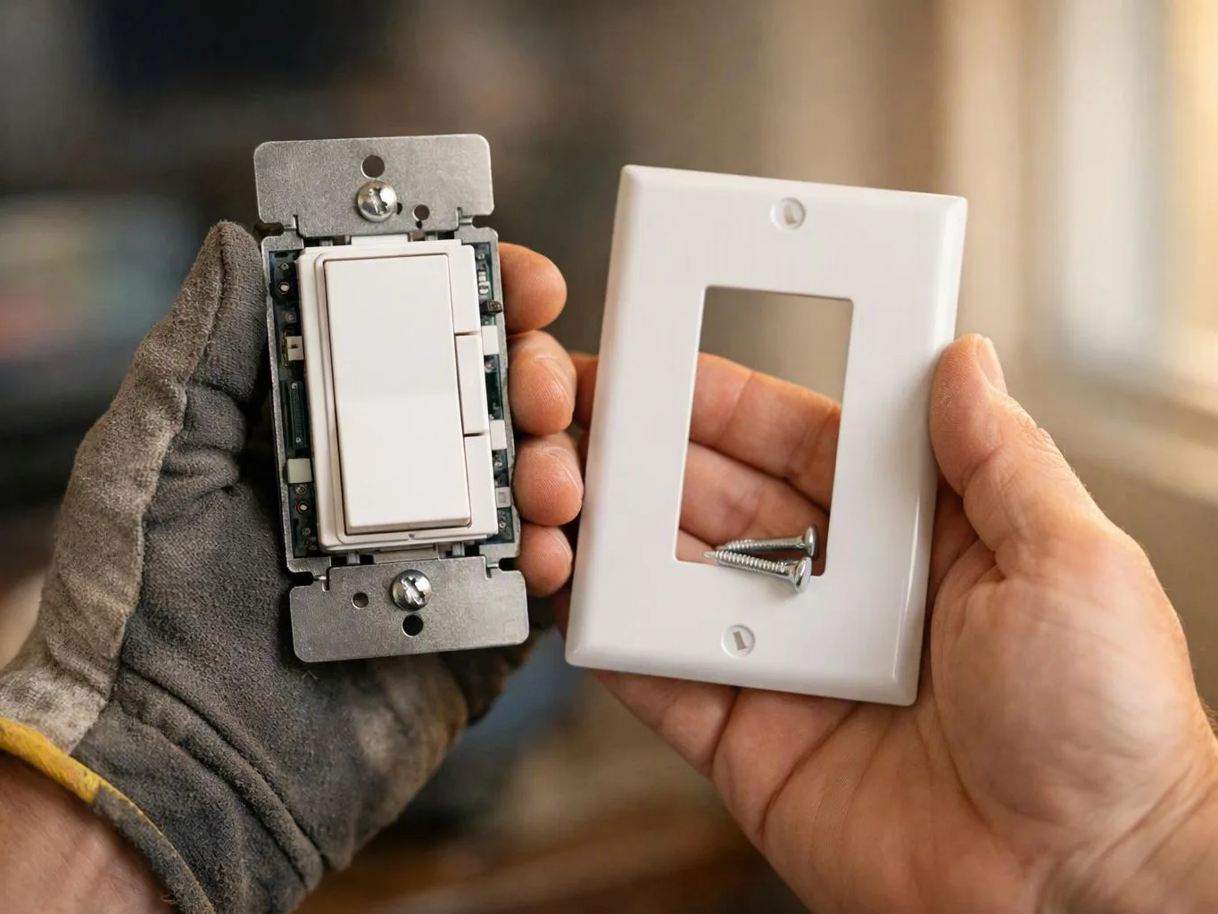 A gloved hand and bare hand hold a white wall switch and its cover plate with screws