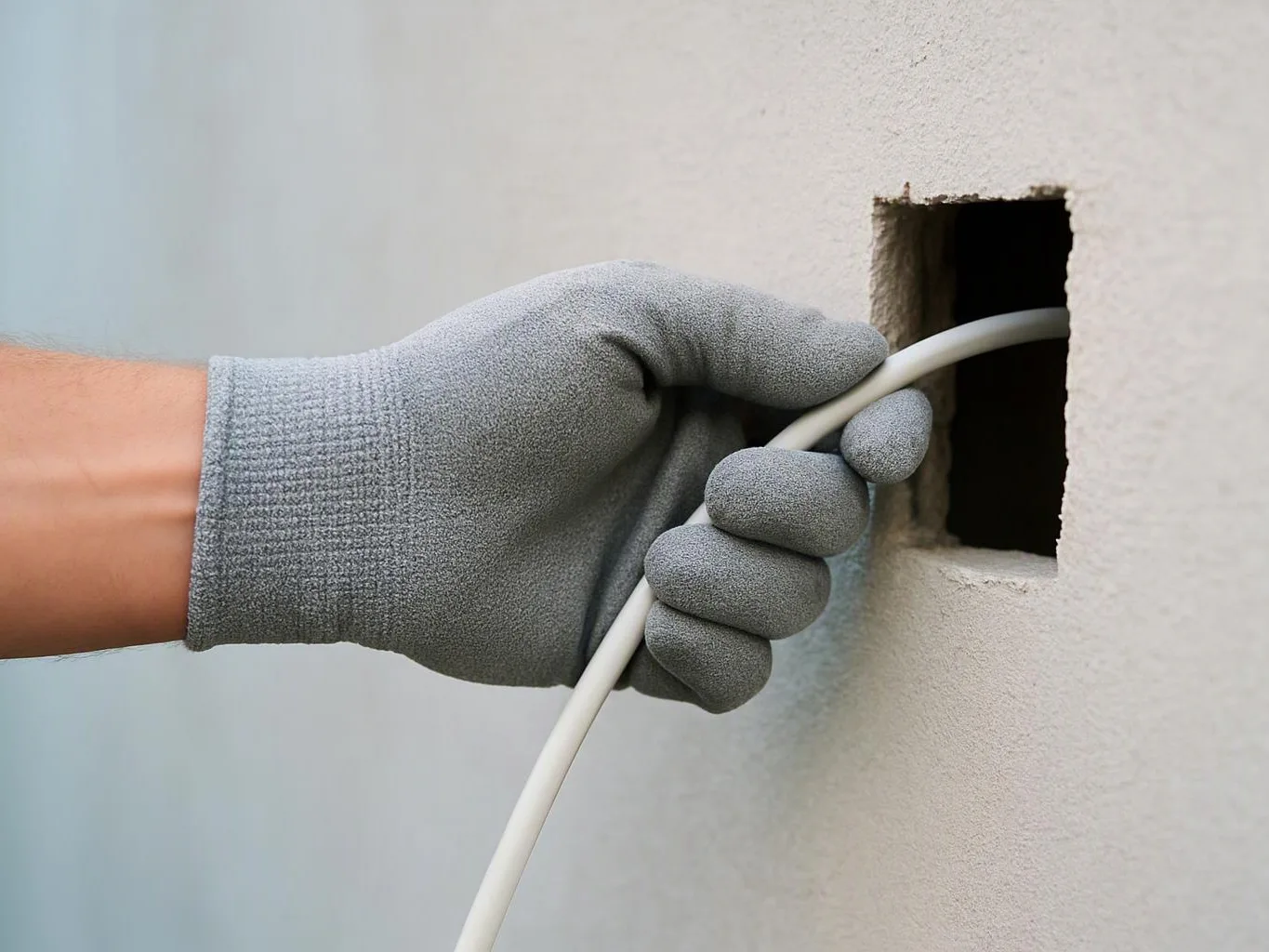 A gloved hand feeds a white cable into a square hole in a wall