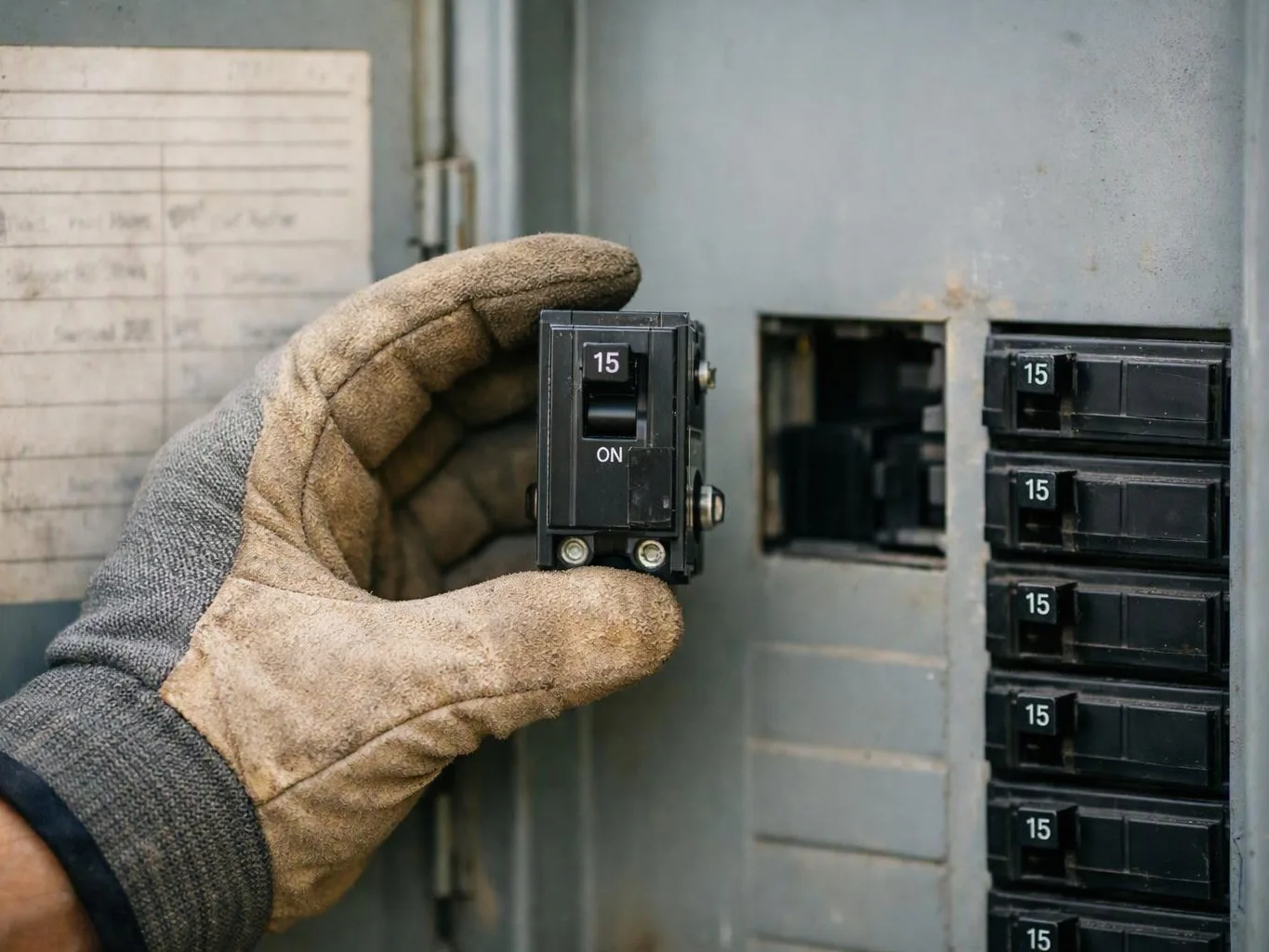A gloved hand holds a 15 amp breaker beside an open electrical panel with more breakers visible