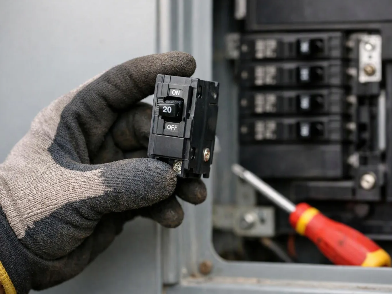 A gloved hand holds a 20-amp circuit breaker beside an open electrical panel with a screwdriver inside
