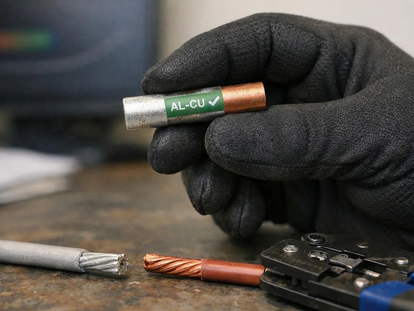 A gloved hand holds an AL-CU connector above stripped aluminum and copper wire ends on a workbench