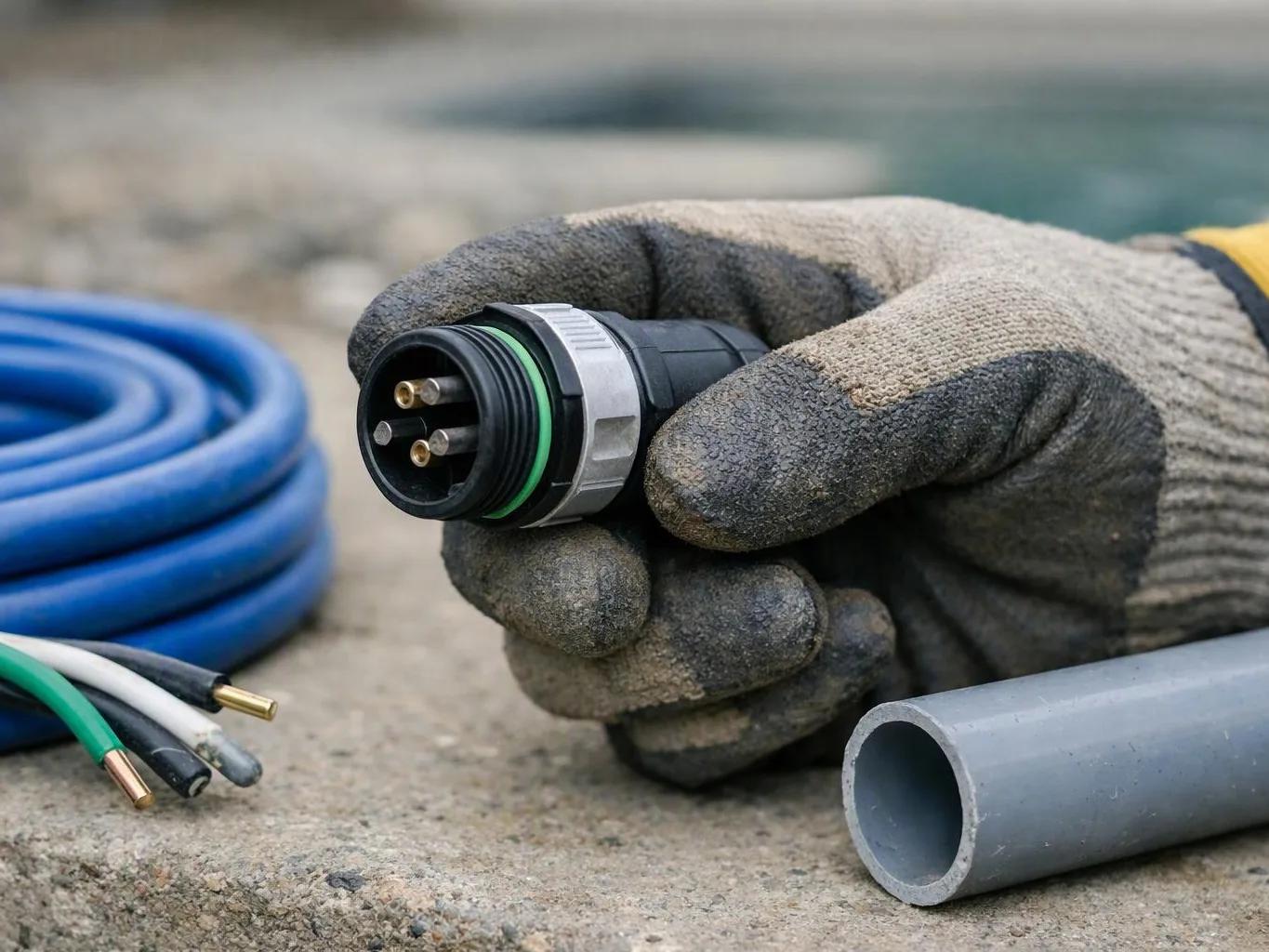 A gloved hand holds a black cable connector beside blue coiled tubing, loose wires, and a gray pipe on concrete