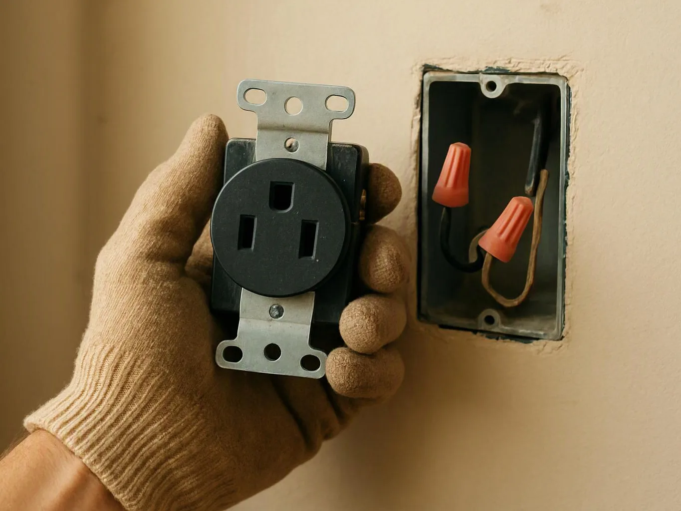 Gloved hand holds a black electrical outlet beside an open wall box with wire nuts