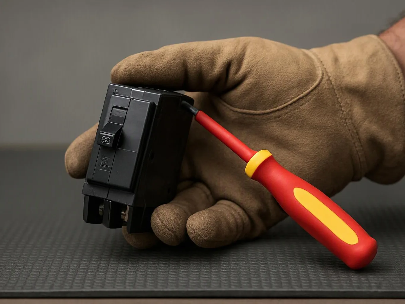 A gloved hand holds a black electrical switch while a red screwdriver rests against its side