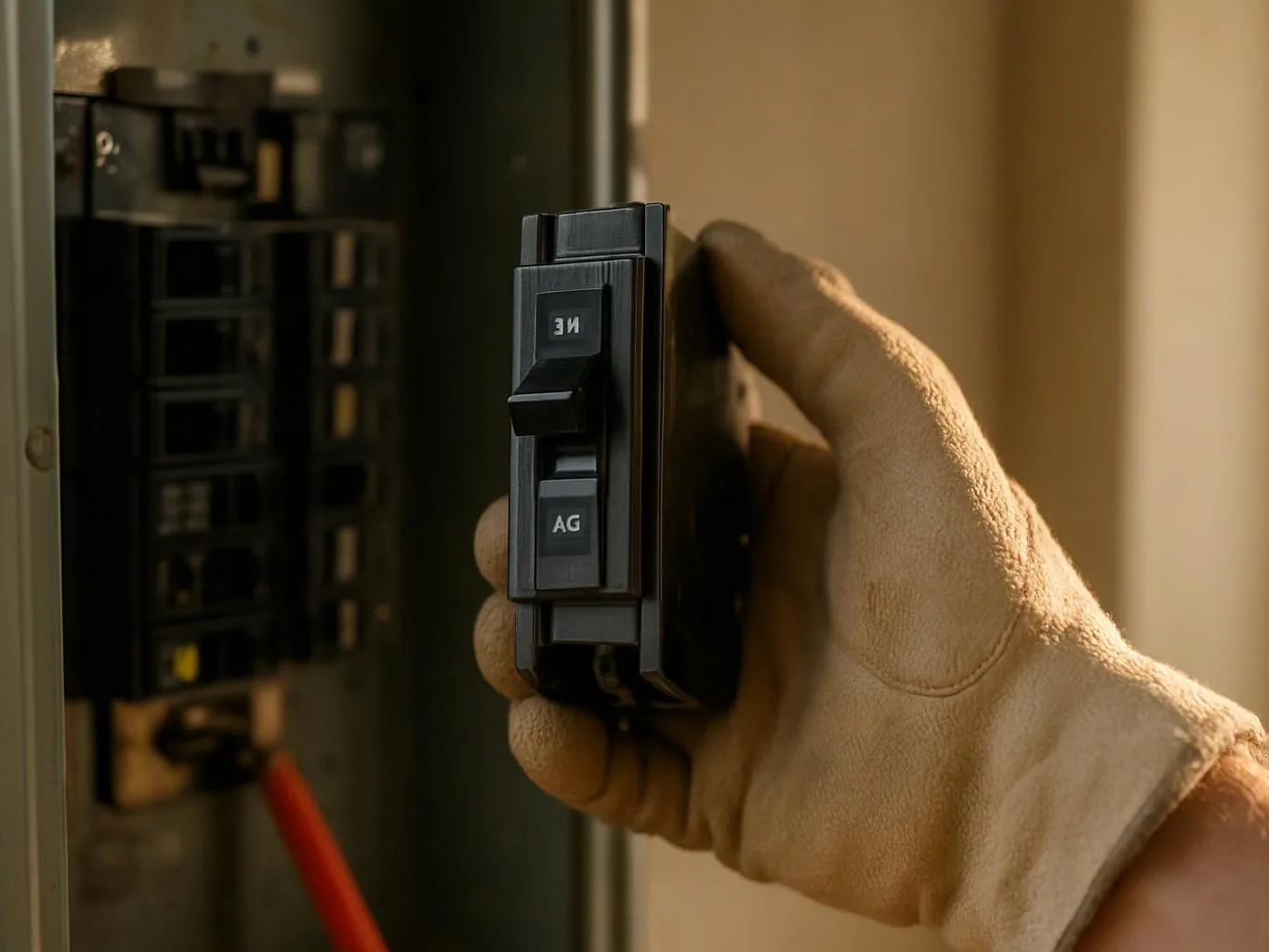 A gloved hand holds a circuit breaker beside an open electrical panel indoors