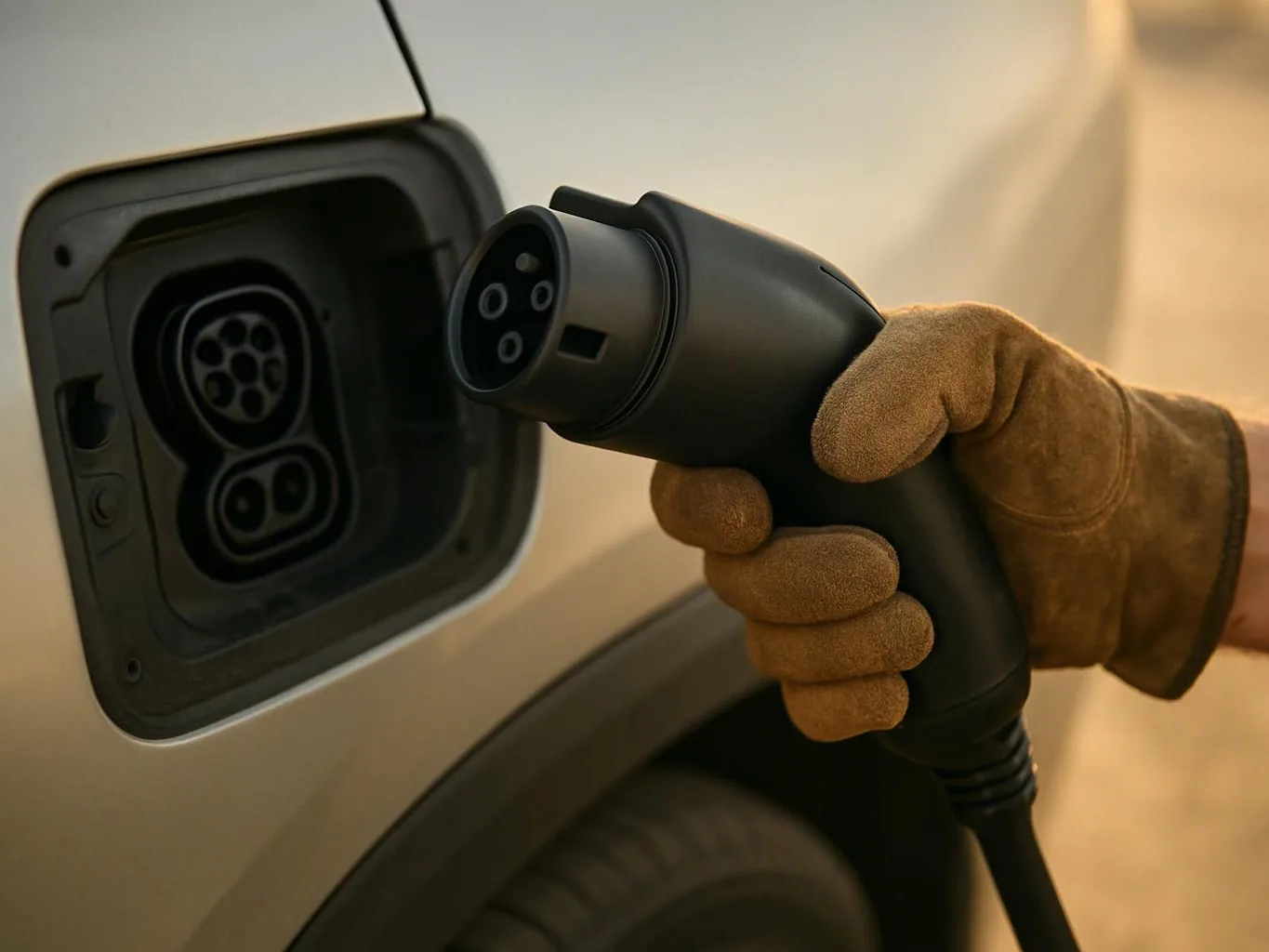 A gloved hand holds an electric car charging plug near the vehicle’s charging port