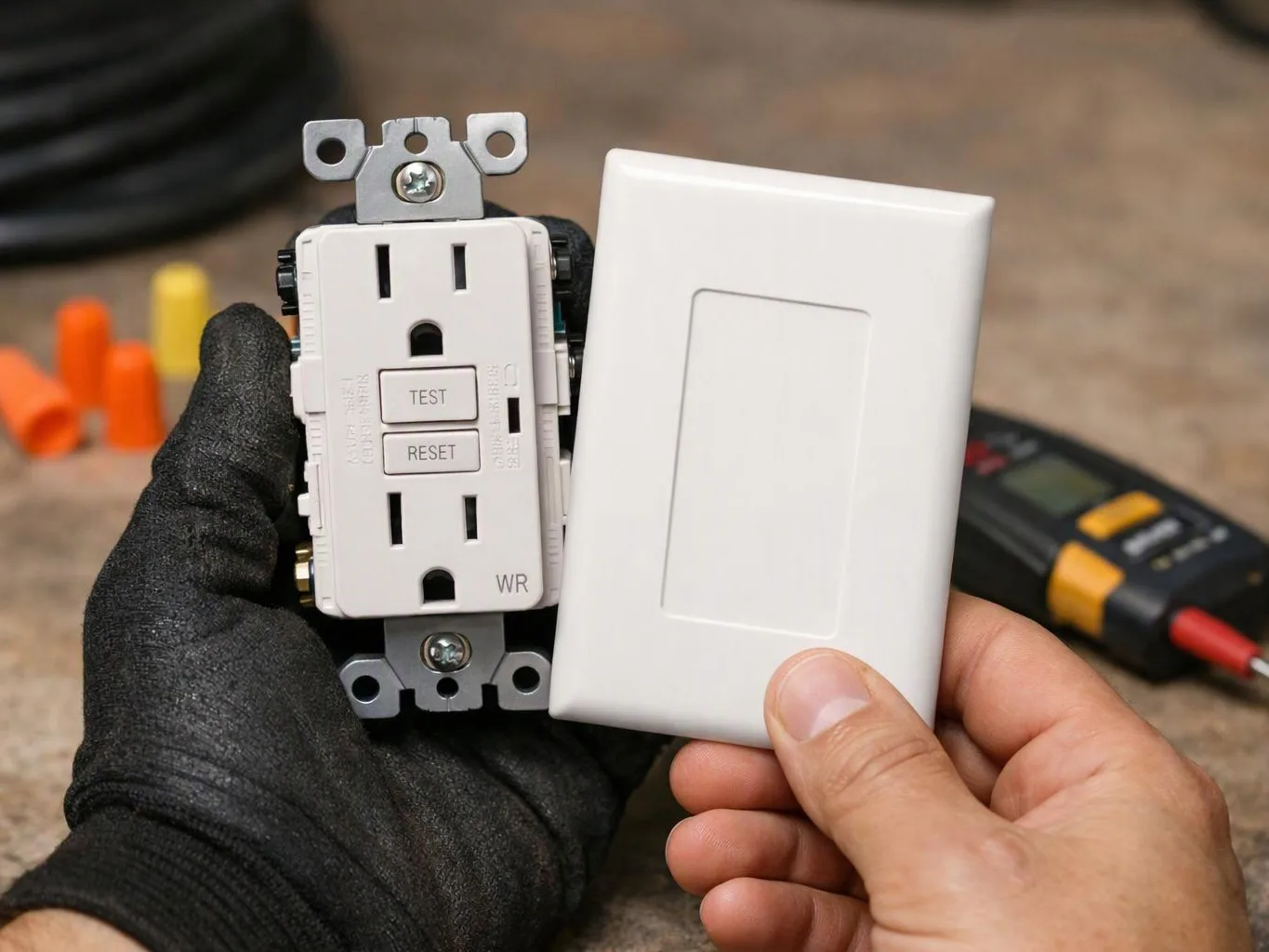 A gloved hand holds a GFCI outlet and a white wall plate on a workbench with tools nearby