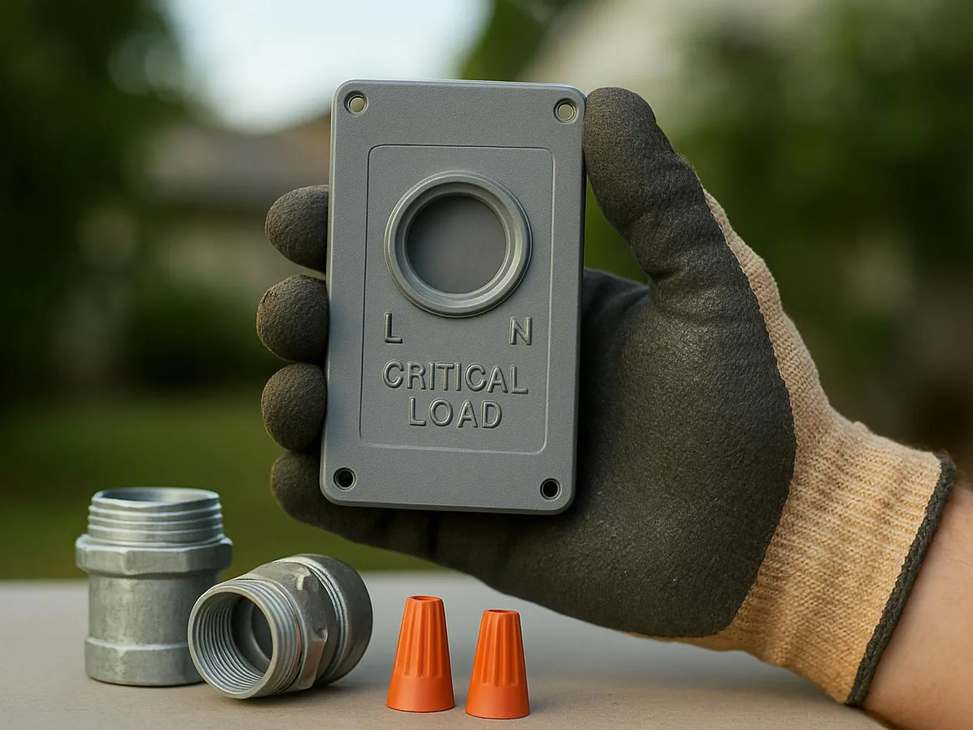 A gloved hand holds a gray electrical box cover marked “CRITICAL LOAD” with metal fittings and orange wire nuts on a table
