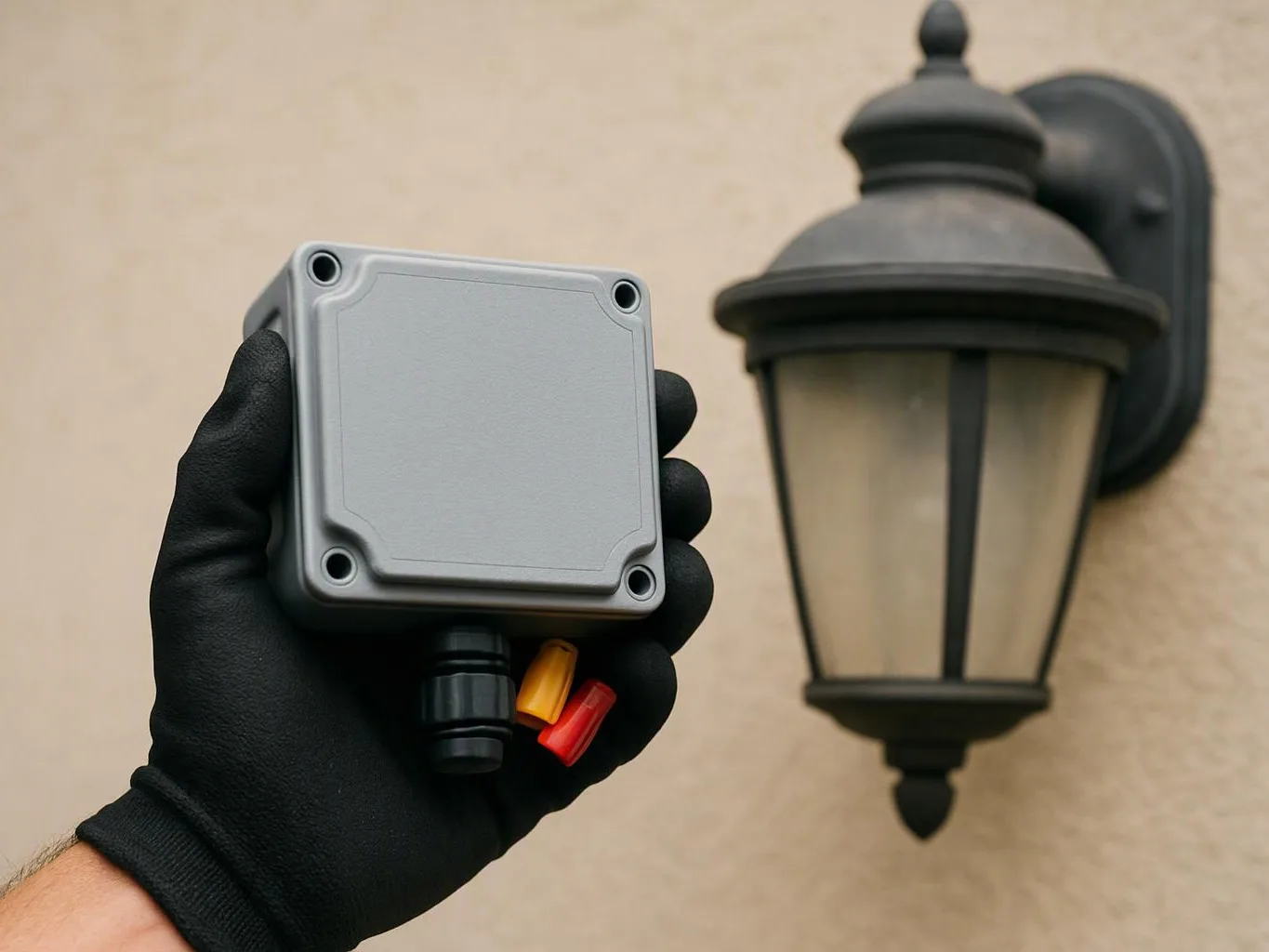 A gloved hand holds a gray electrical junction box beside an outdoor wall lantern