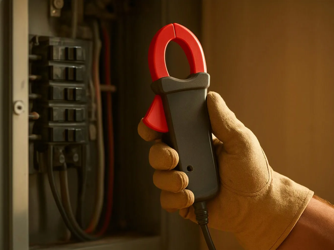 A gloved hand holds a red clamp meter beside an open electrical breaker panel