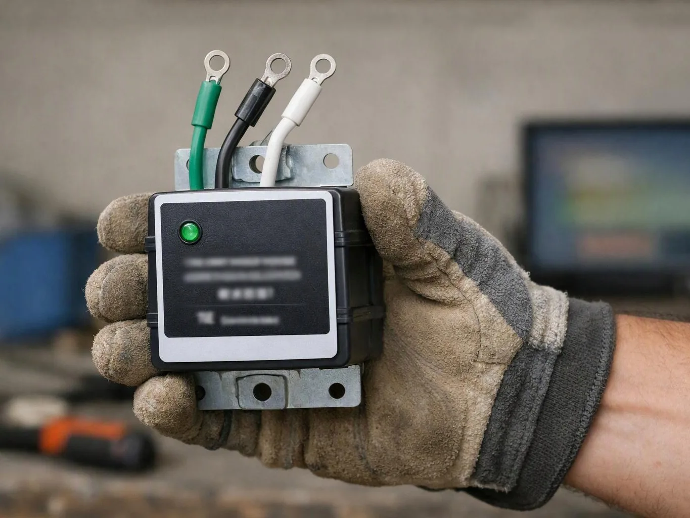 A gloved hand holds a small black electrical module with three wire terminals in a workshop setting