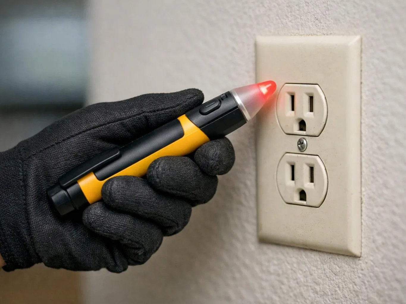 A gloved hand holds a tester near a wall outlet, with a red light glowing at the socket