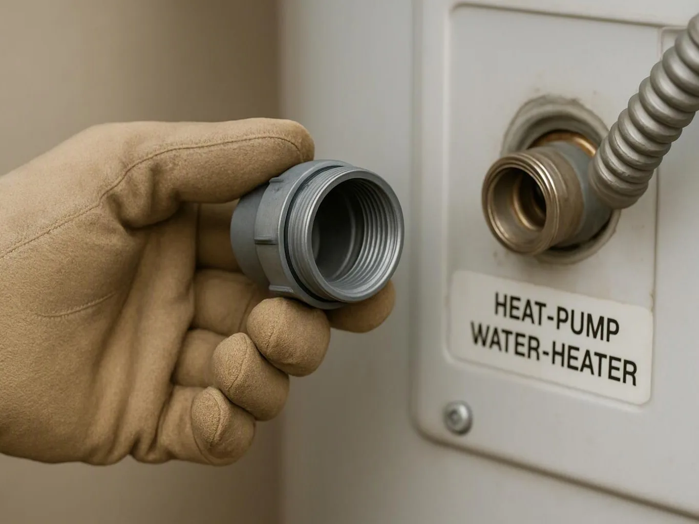 A gloved hand holds a threaded connector beside a heat-pump water-heater fitting and label