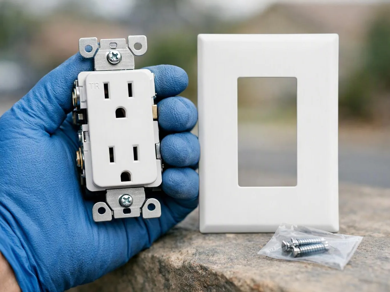 A gloved hand holds a white electrical outlet beside a matching wall plate and screws on a stone surface