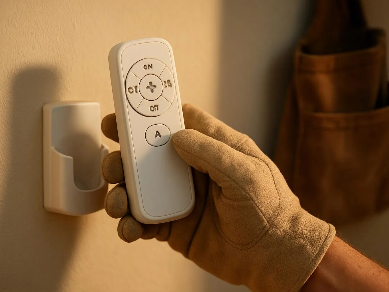 A gloved hand holds a white remote beside a wall-mounted holder in warm indoor light