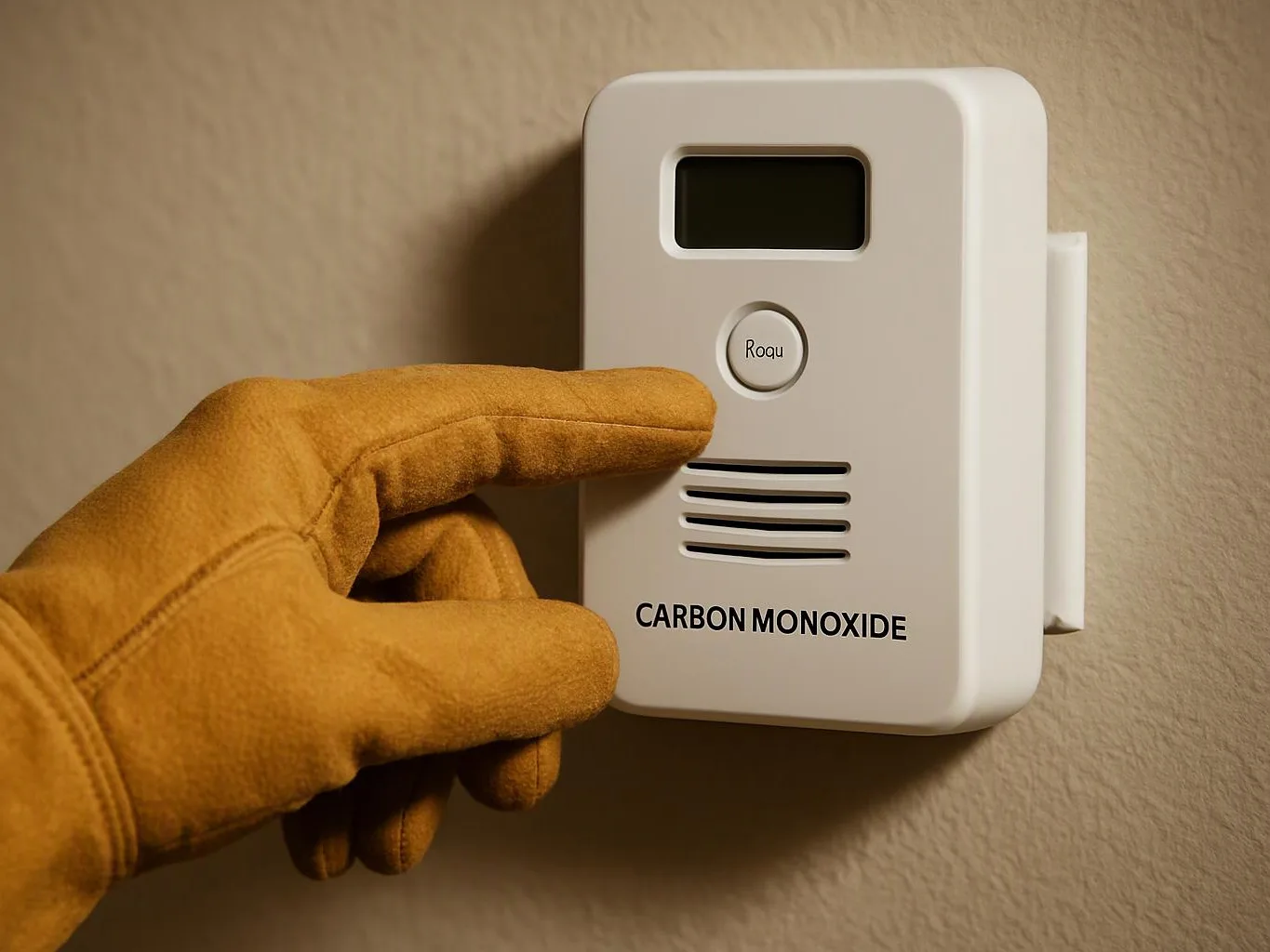 A gloved hand points at a wall-mounted carbon monoxide detector with a small screen and button
