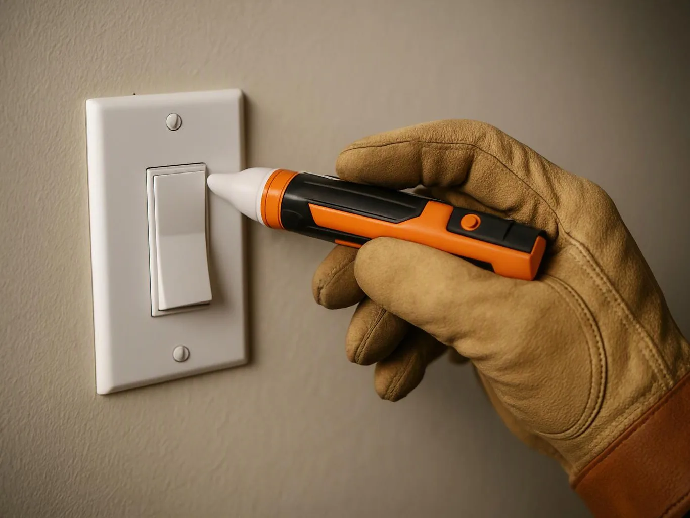 A gloved hand tests a wall light switch with an orange voltage tester