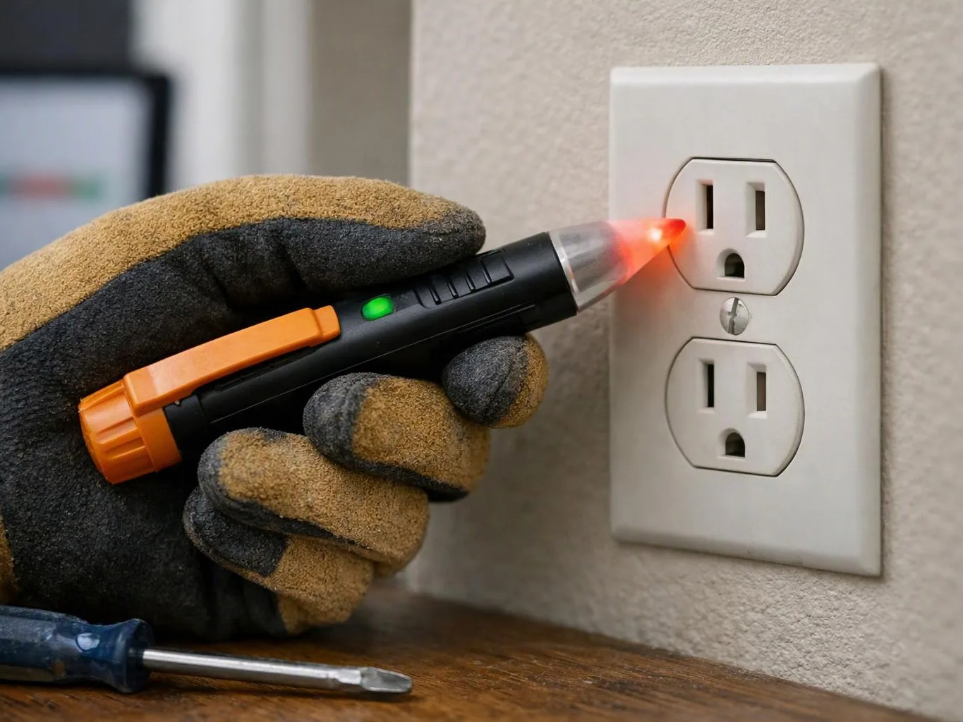 A gloved hand tests a wall outlet with a glowing voltage pen near a wooden surface