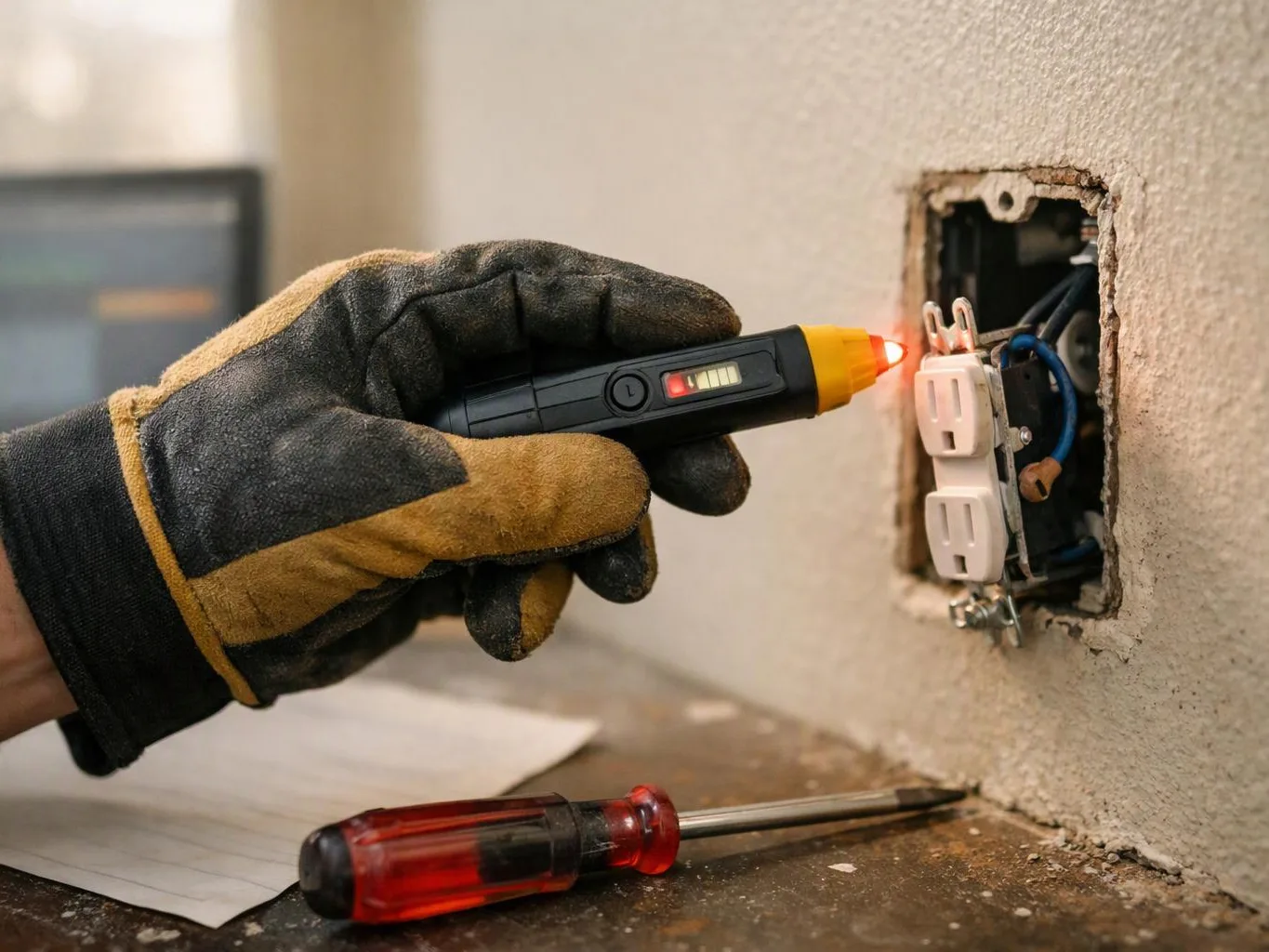 A gloved hand tests a wall outlet with a voltage pen beside a loose screwdriver and exposed wiring