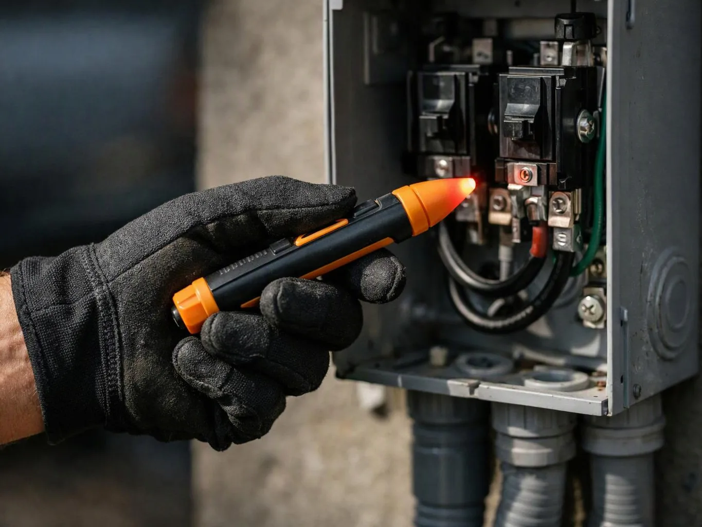 A gloved hand uses a glowing electrical tester inside an open metal breaker box