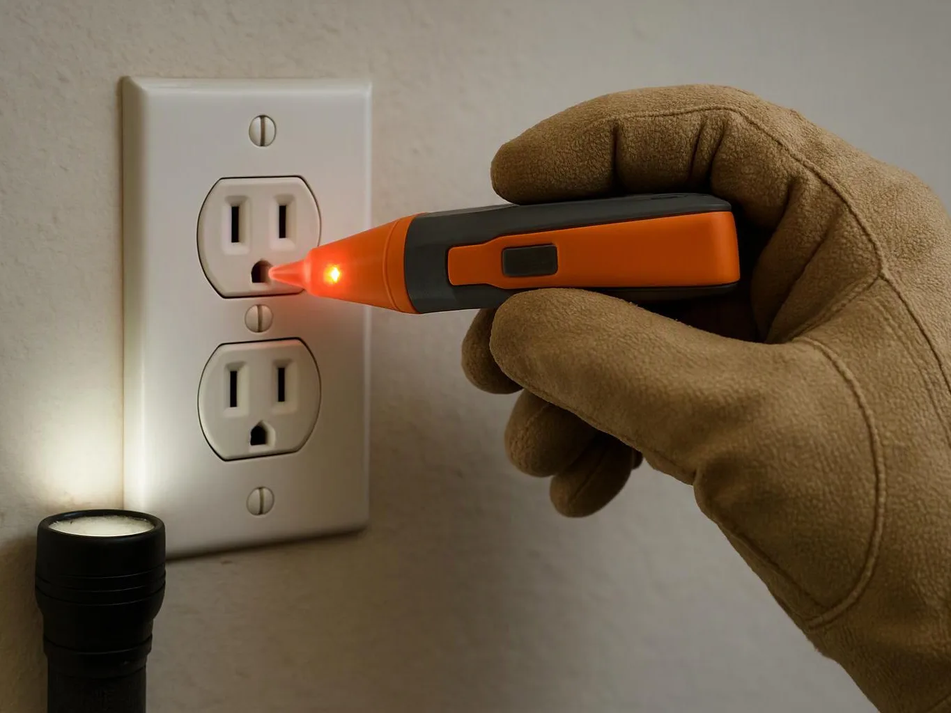 A gloved hand uses an orange voltage tester on a wall outlet beside a small flashlight