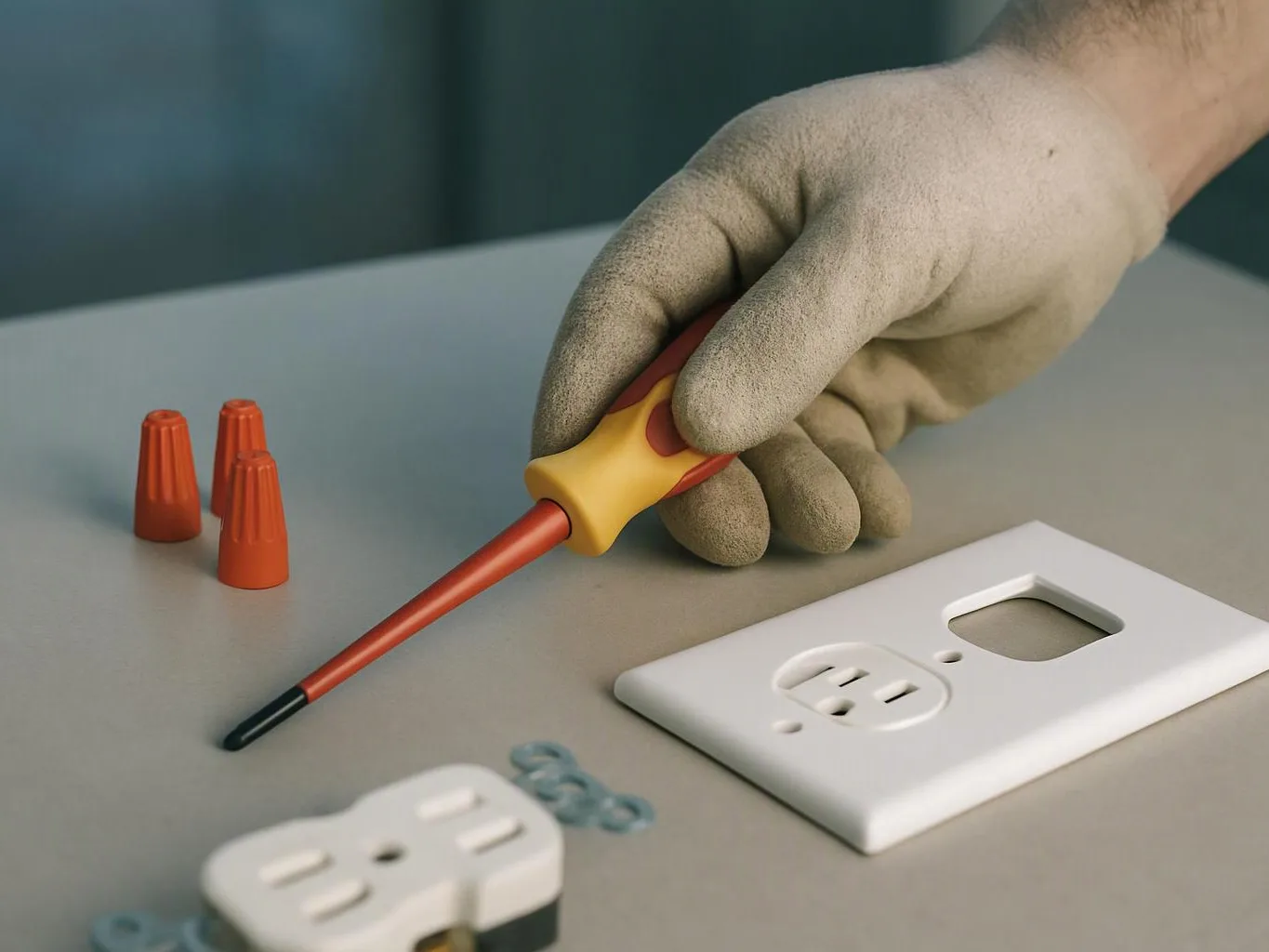 A gloved hand uses a screwdriver beside electrical wall plates and wire nuts on a work surface
