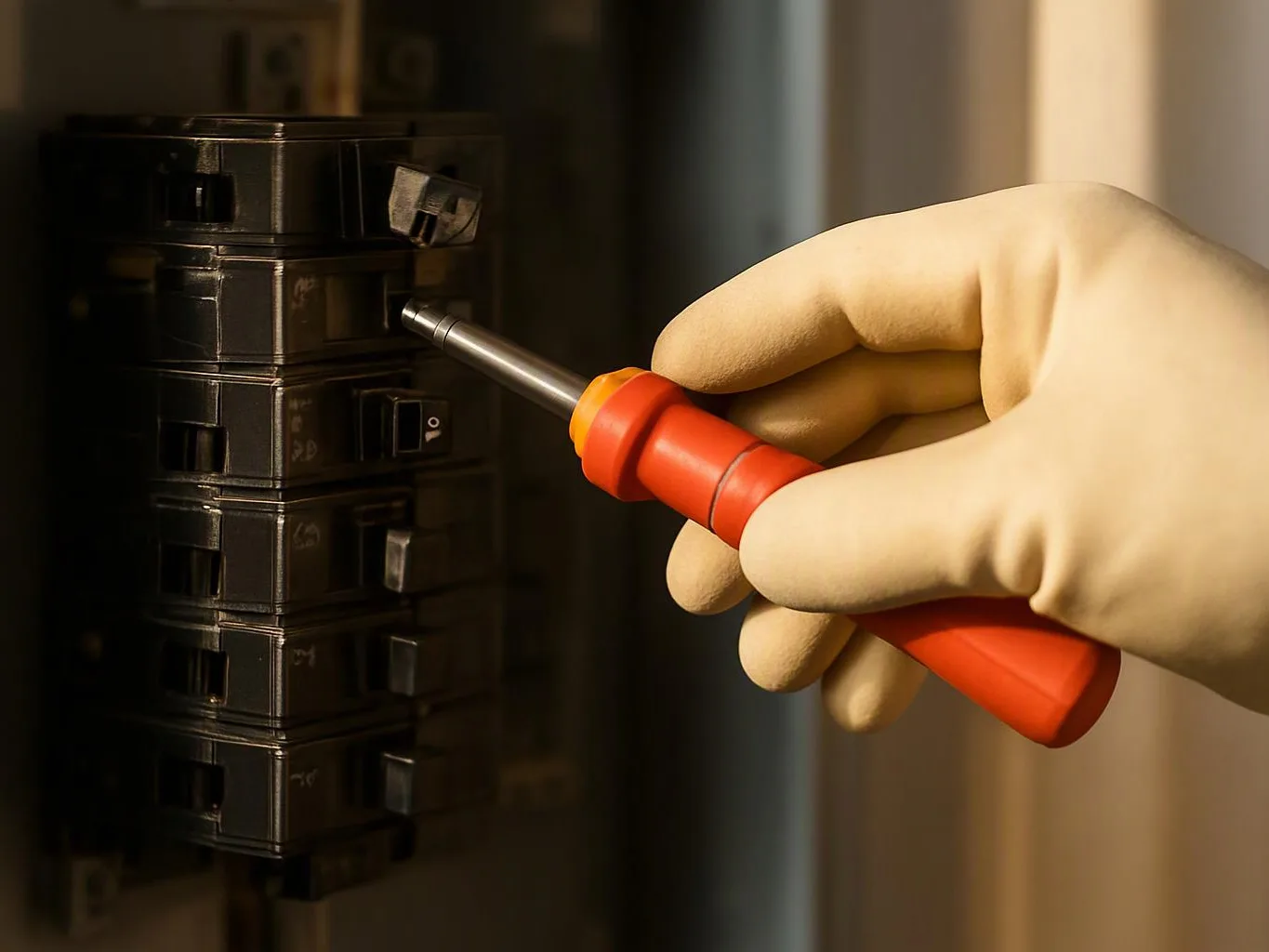 A gloved hand uses a screwdriver to work on a black circuit breaker panel indoors