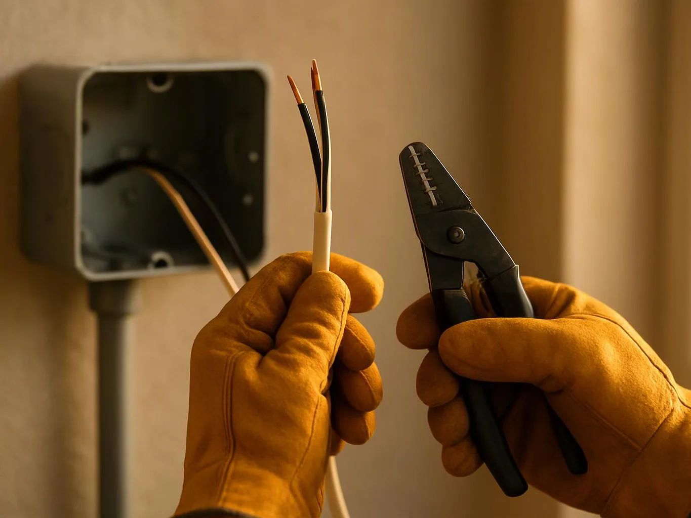 Gloved hands hold exposed electrical wires and a wire stripper beside an open wall junction box