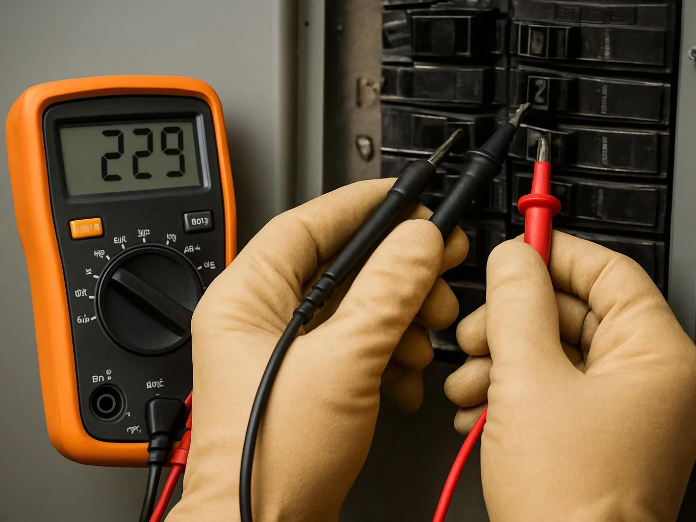 Gloved hands probe an electrical breaker panel with a digital multimeter showing 229 volts