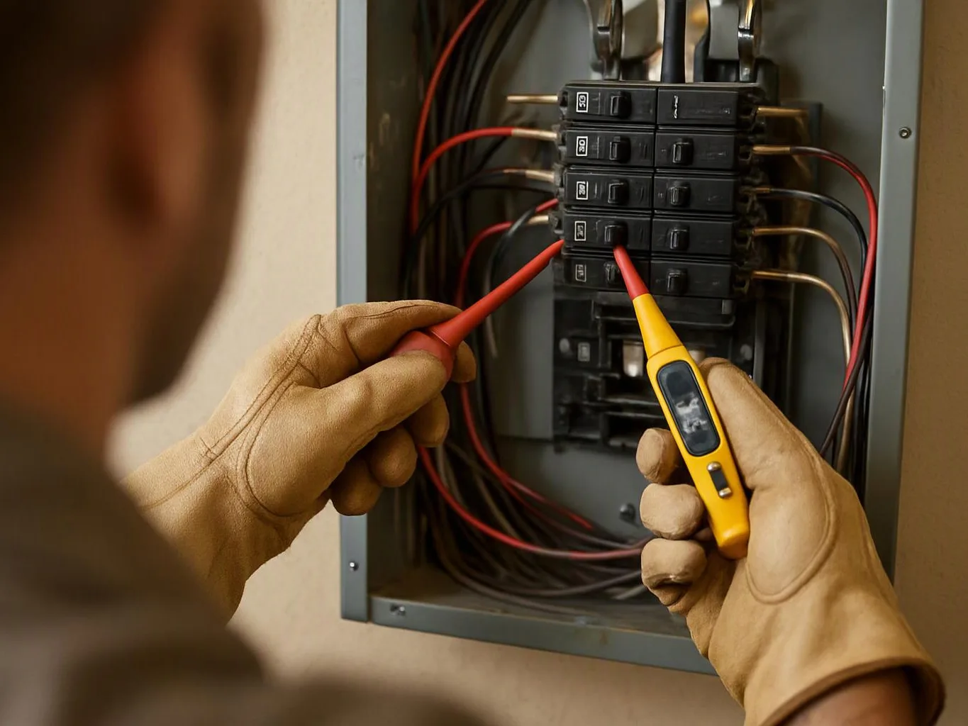 Gloved hands test wiring inside an open electrical panel with a voltage tester