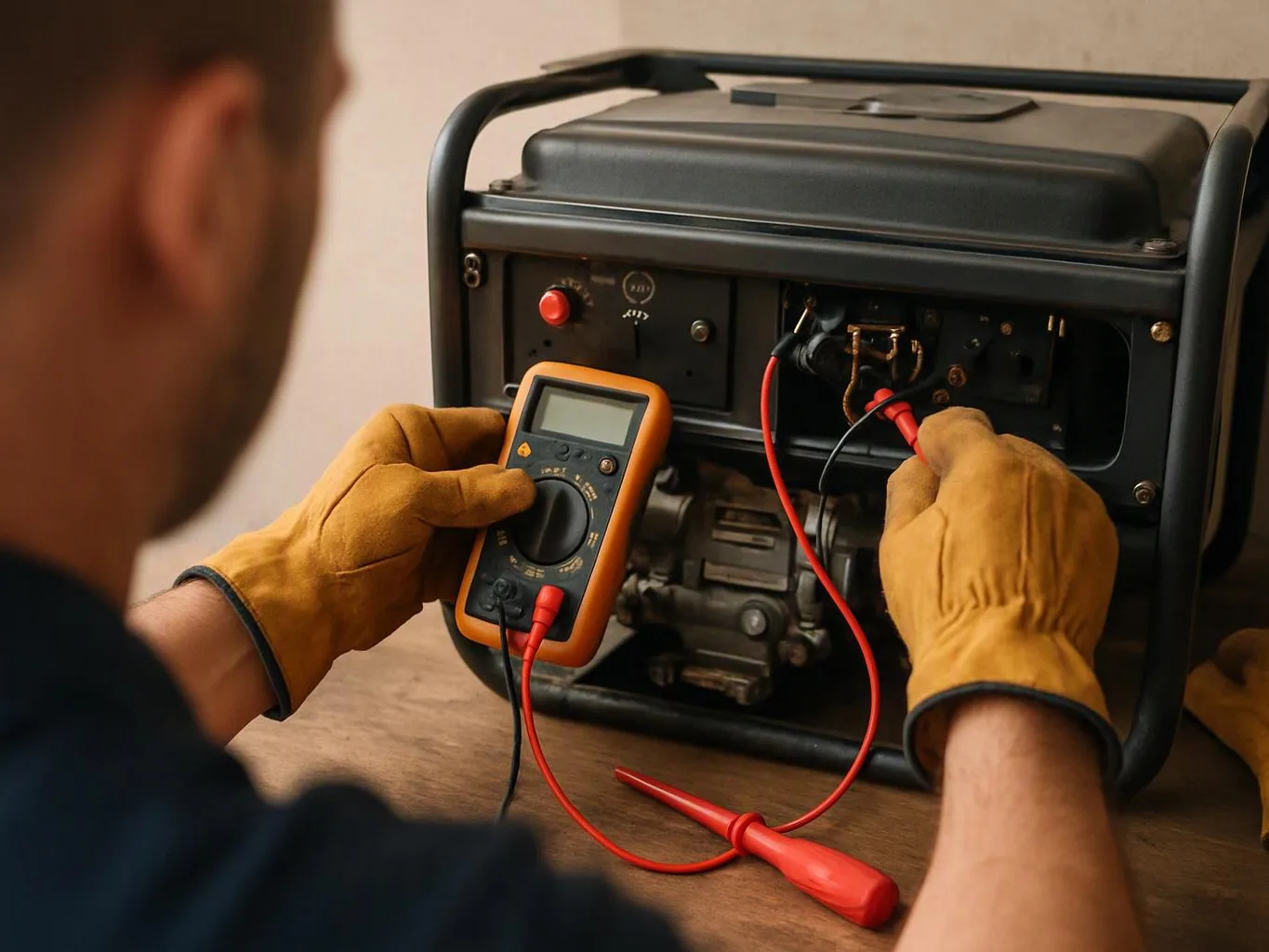 A gloved person tests a generator with a multimeter on a wooden table