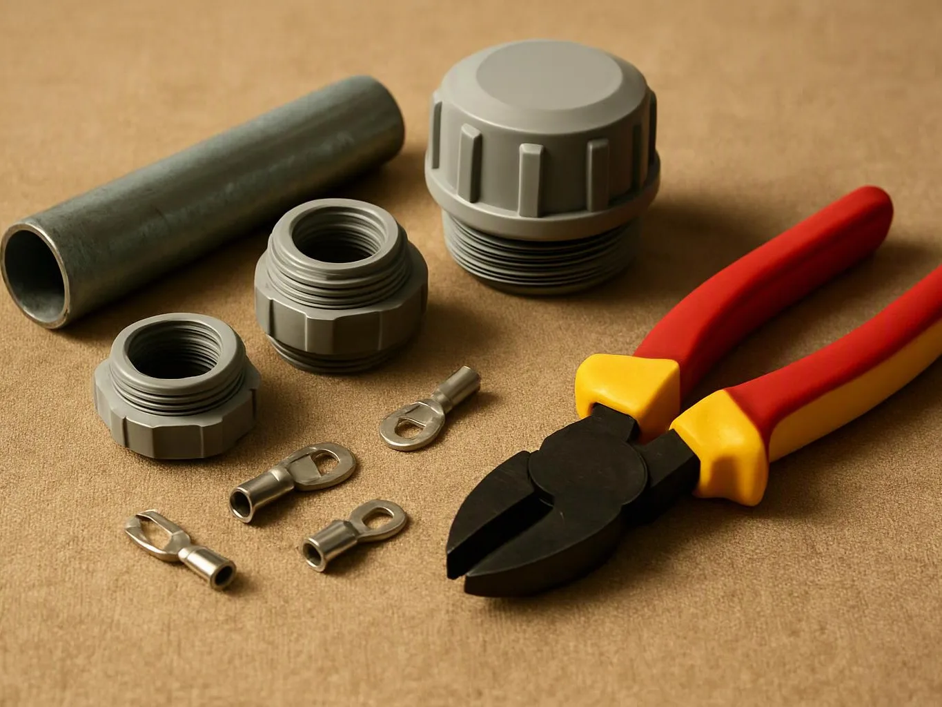 Gray cable fittings, metal lugs, and red-handled pliers lie on a brown work surface