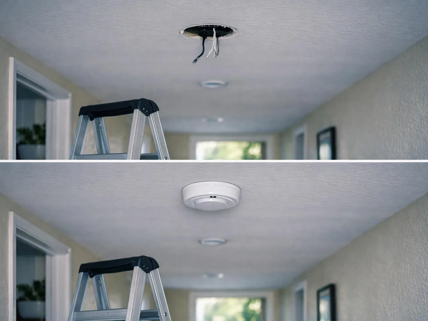 A hallway ceiling shows a smoke detector being replaced on a ladder, with the new white detector installed below￼