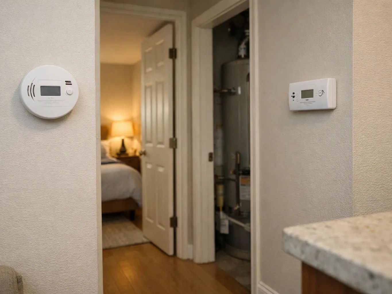 A hallway shows two wall thermostats beside open doors to a lit bedroom and a utility closet