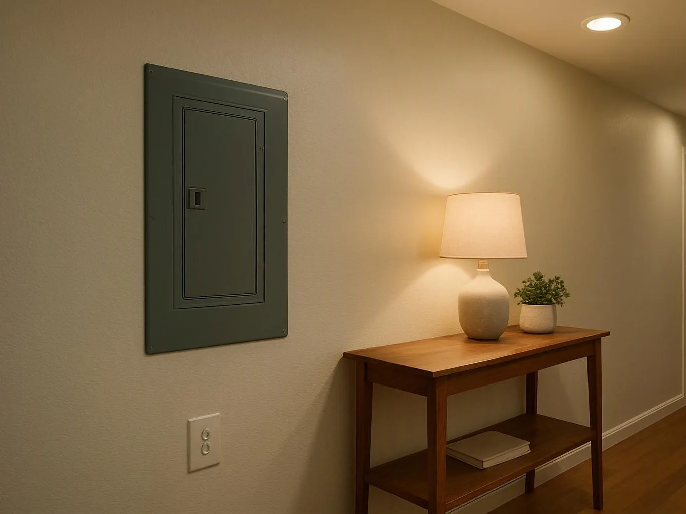 A hallway wall shows a gray electrical panel, a wooden table with a lamp and small plant, and recessed ceiling lights