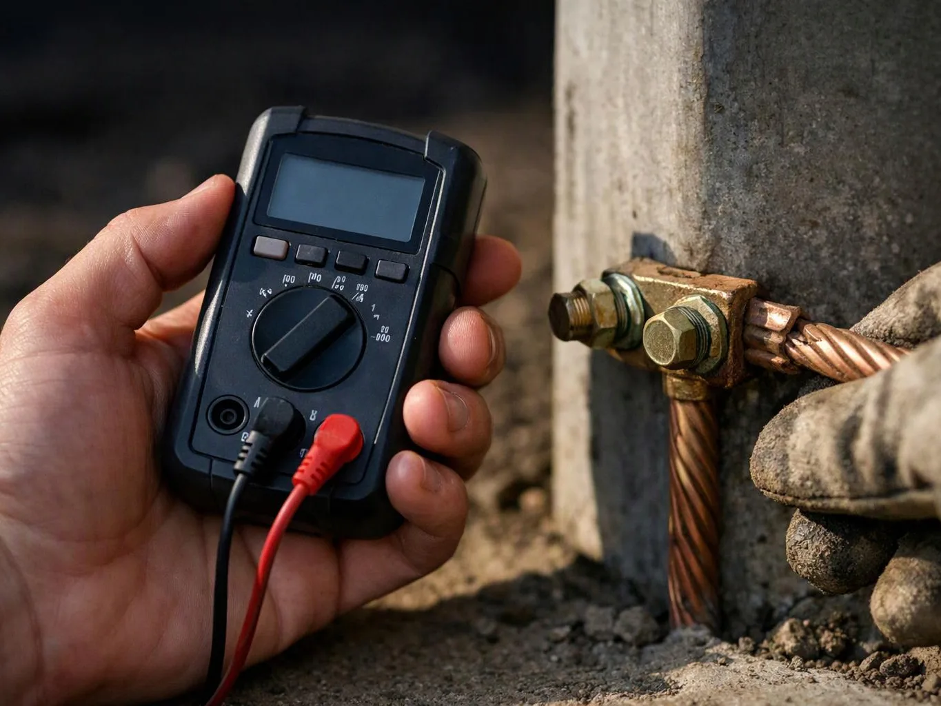 A hand holds a digital multimeter near a grounding clamp attached to a concrete post