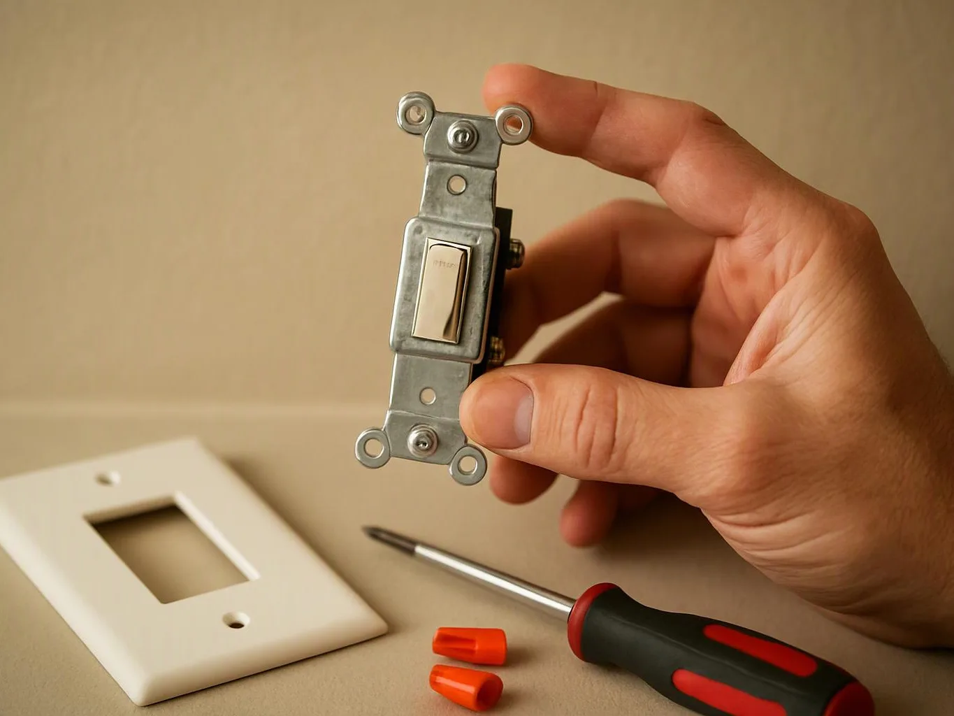 A hand holds a metal light switch in front of a beige wall, with a screwdriver, wire nuts, and a faceplate below
