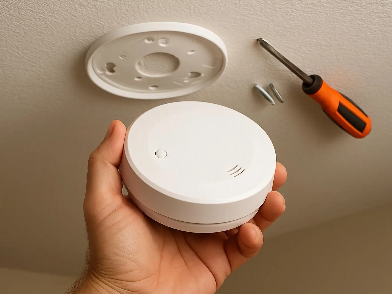 A hand holds a round white smoke detector near a ceiling mount, with a screwdriver and screws beside it
