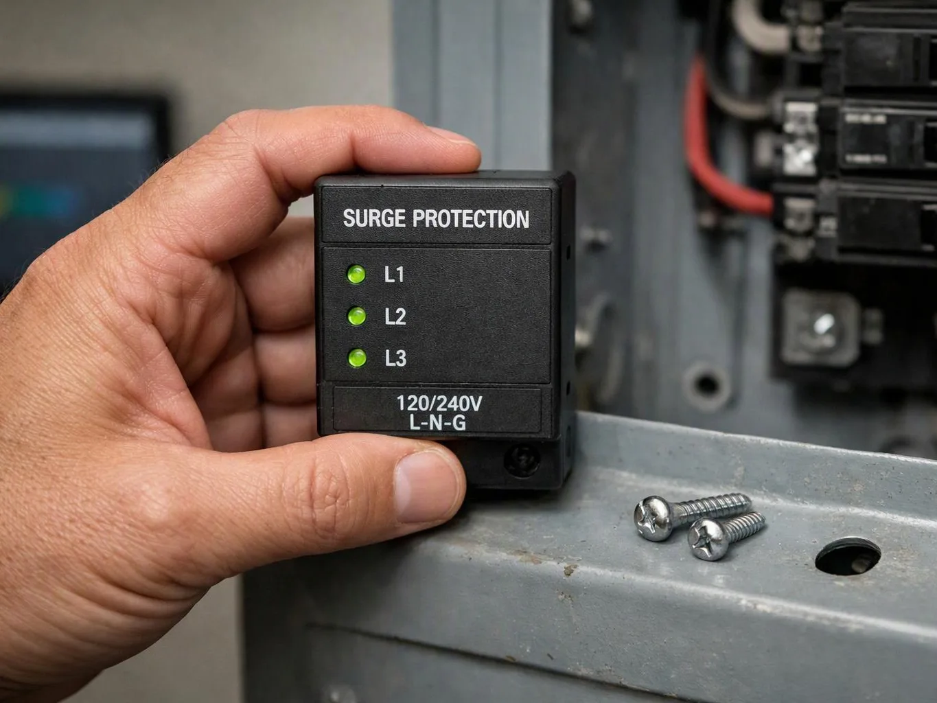 A hand holds a surge protection module beside an electrical panel with two screws on a metal ledge