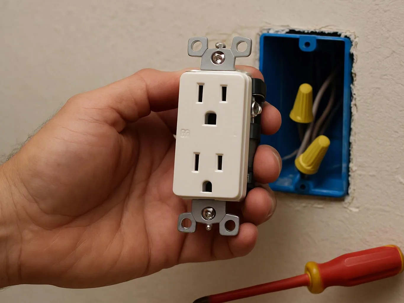 A hand holds a white electrical outlet near a blue wall box with wire nuts and a screwdriver below