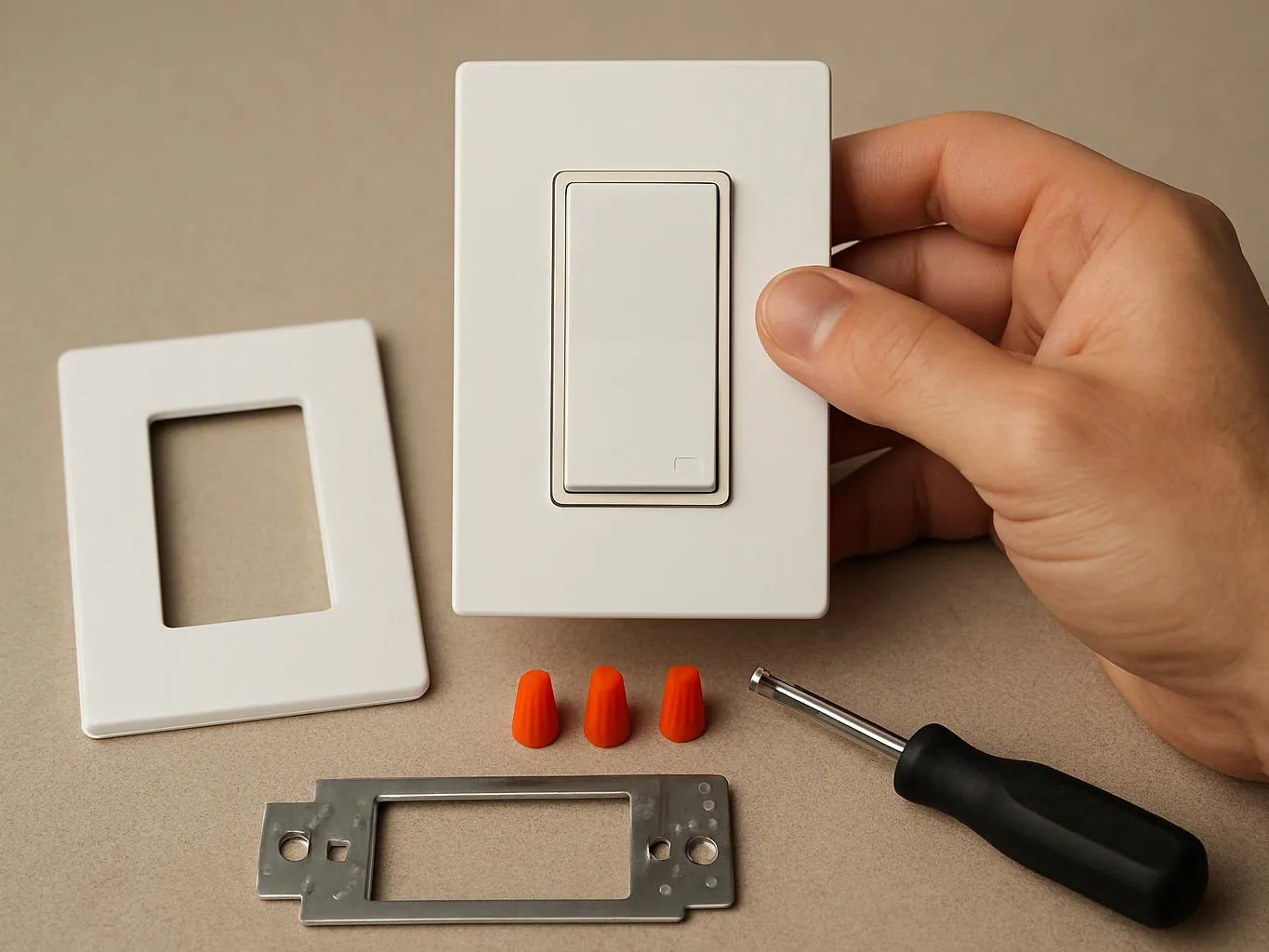 A hand holds a white wall light switch plate beside a loose frame, wire nuts, and a screwdriver on a tabletop