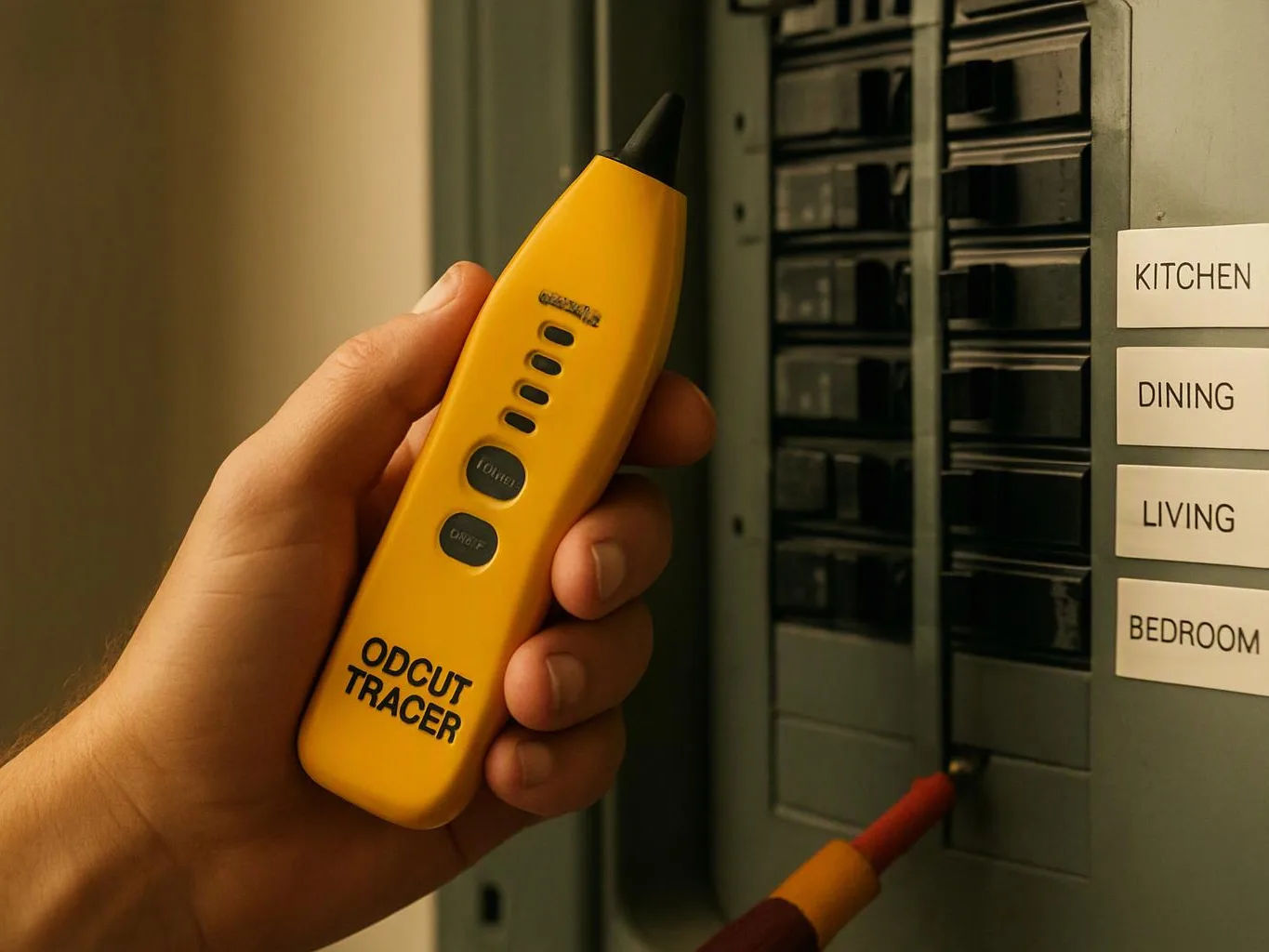 A hand holds a yellow circuit tracer beside an electrical panel labeled Kitchen, Dining, Living, and Bedroom