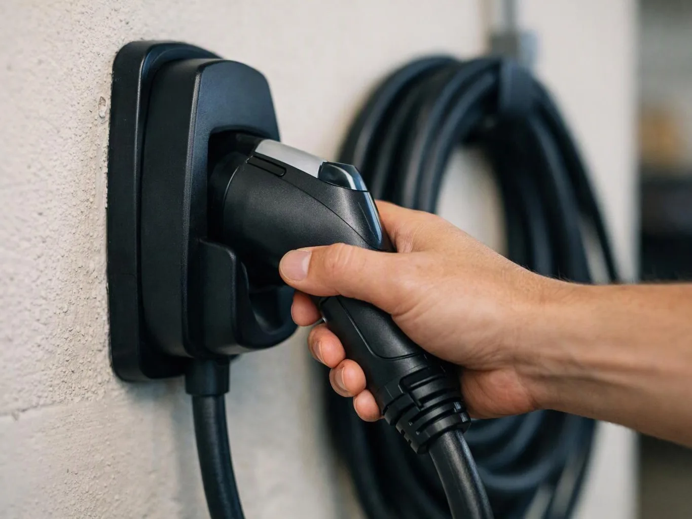 A hand plugs a black charging connector into a wall-mounted station with a coiled cable behind it