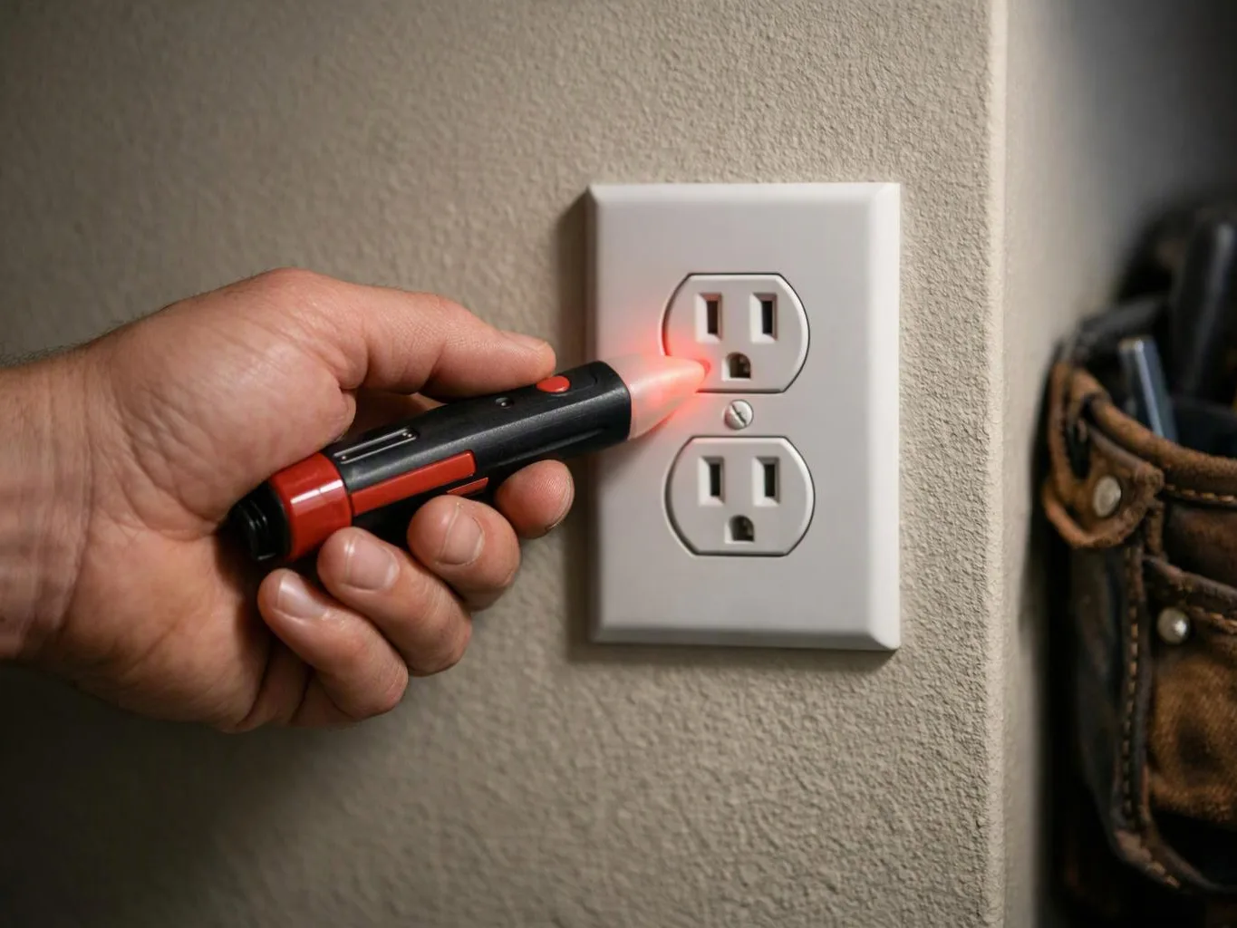 A hand points a glowing tester at a wall outlet beside a textured beige wall