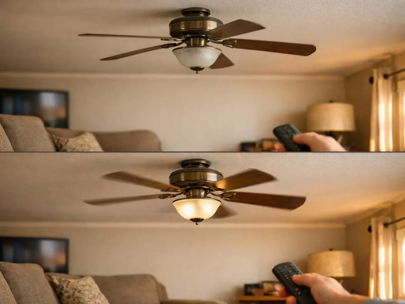 A hand points a remote at a ceiling fan in a living room, with the light off above and on below